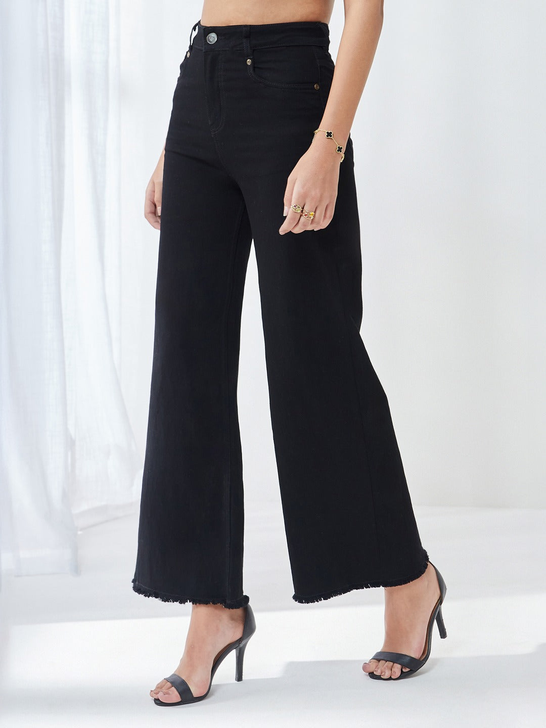 Black High Rise Stretchable Wide Leg Denim Jeans for Women