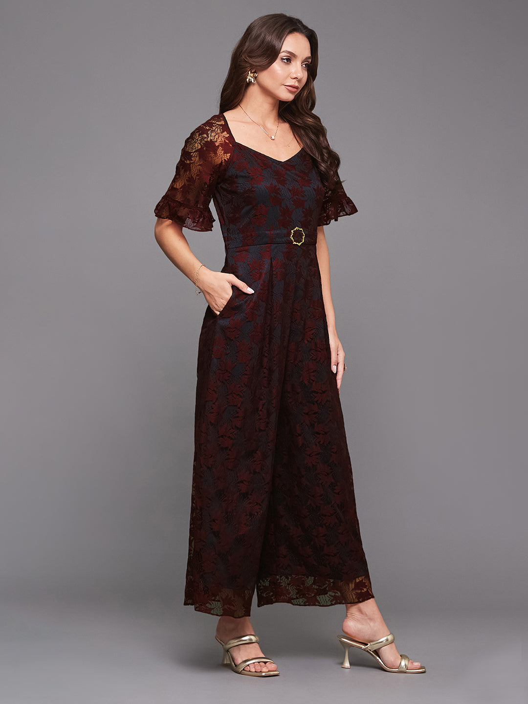 Women's Wine & Teal V-neck Half Sleeve Self-Designed Lace Overlaid Jumpsuit