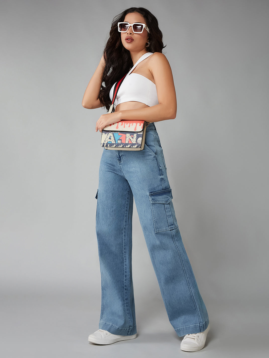 24/7 Comfort Light Blue Wide-Leg High-Rise Clean-Look Regular-Length Stretchable Flared Cargo Style Denim Jeans