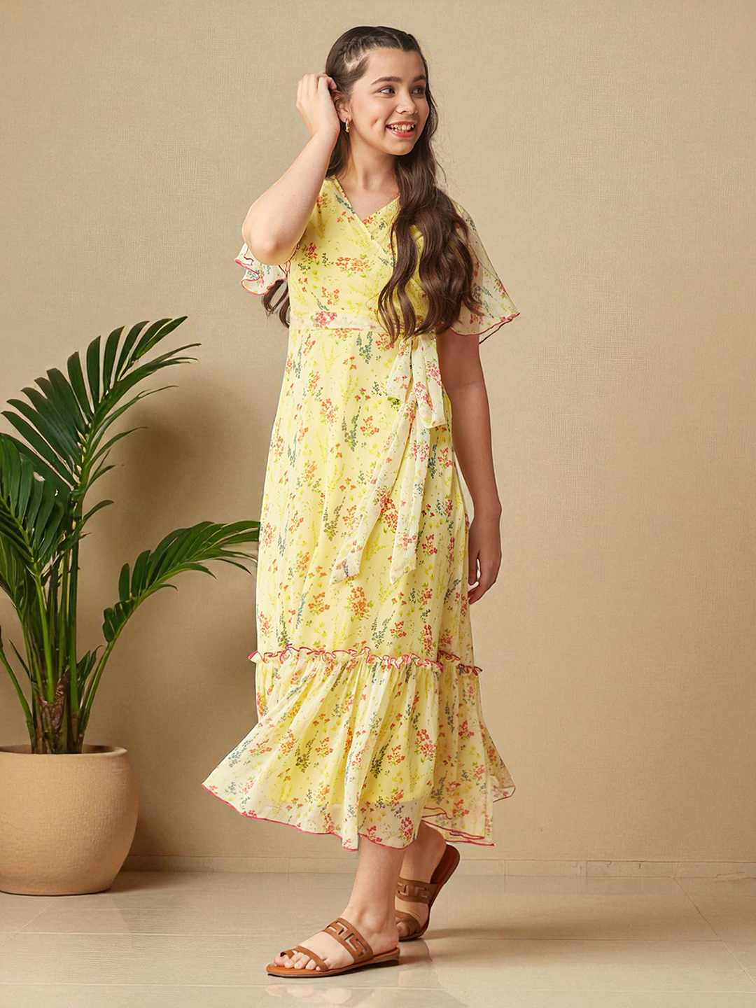 Multicolored-Base-Yellow V Neck Flared Sleeve Floral Wrap Maxi Dress for Women