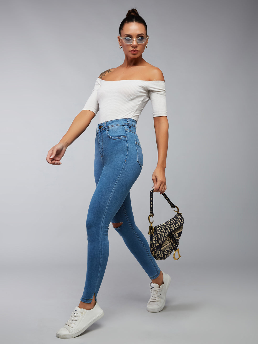 24/7 Comfort Mid-Blue Skinny-Fit High-Rise Distressed Denim Jeans for Women