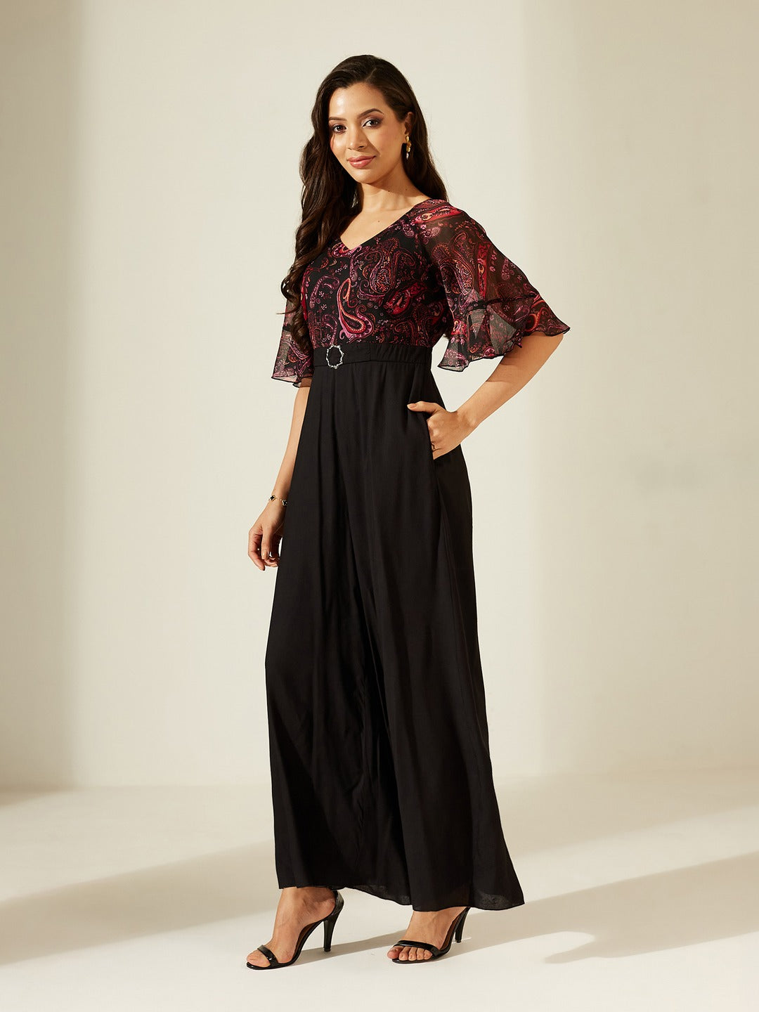 Pink and Black V-Neck Ruffled Sleeve Wide-Leg Printed Jumpsuit for Women for Women