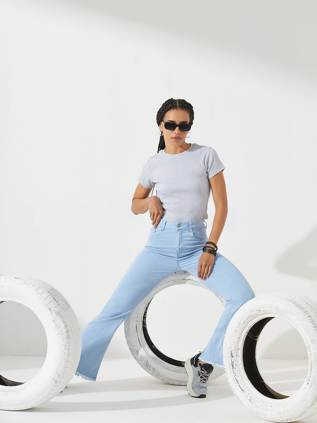 Light-Blue Boot Cut High-Rise Cropped Stretchable Denim Jeans for Women