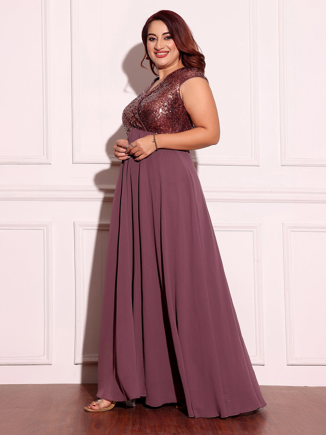 Mauve & Wine Sleeveless Fit and Flare Sequinned Maxi Dress Long Dress Frock for Women