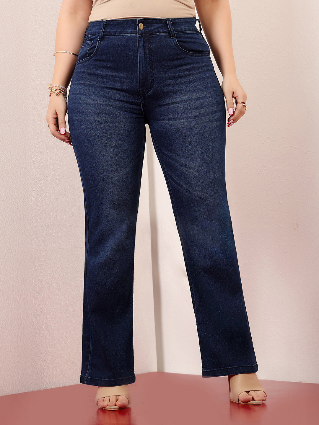 Women's Navy Blue High-Rise Clean-Look Stretchable Bootcut Denim Jeans