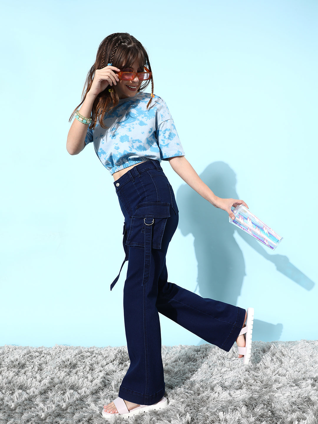 24/7 Comfort Navy-Blue Bootcut High-Rise Stretchable Cargo Denim Jeans