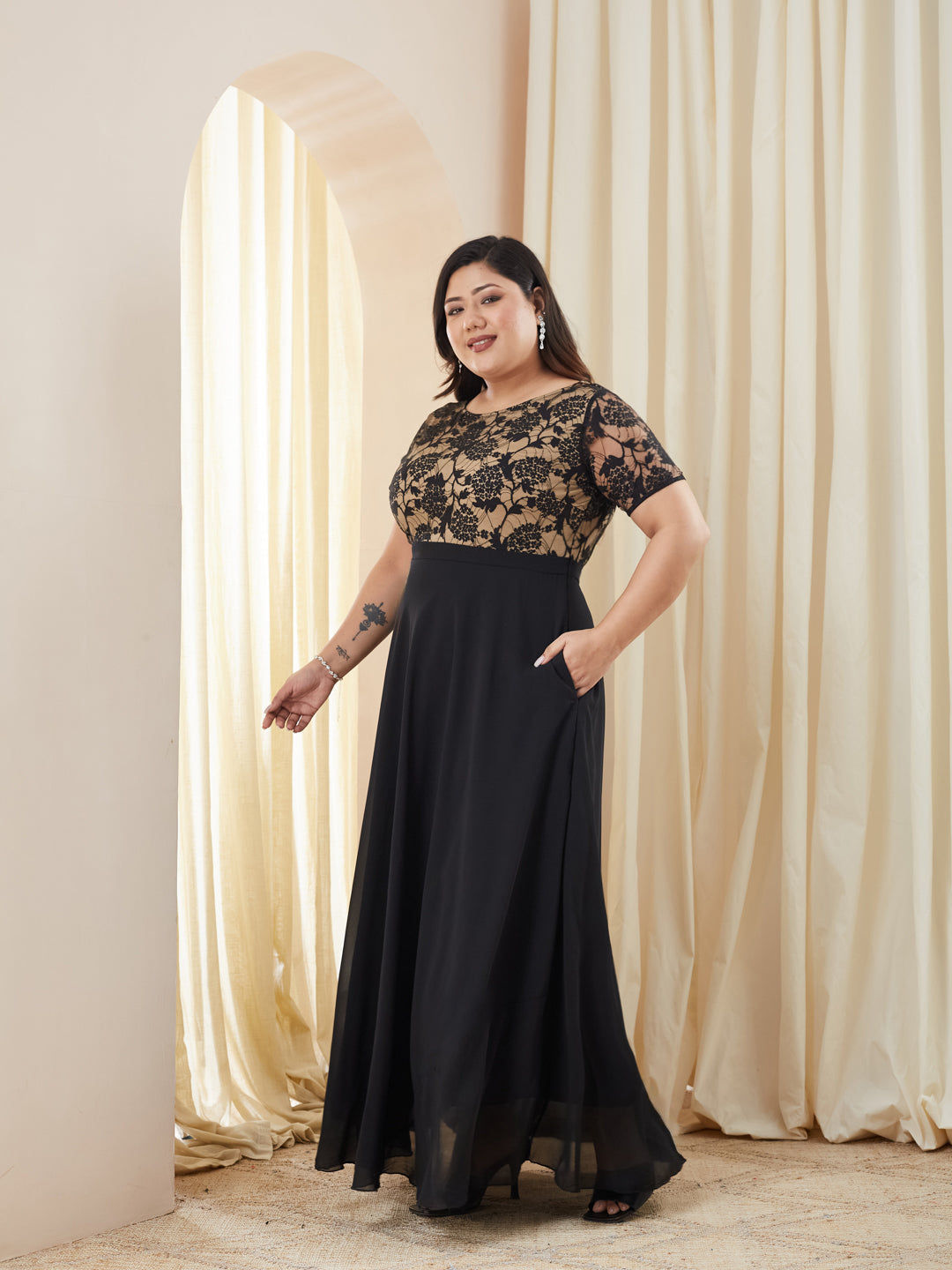 Black Round Neck Half Sleeve Self Design Fit & Flare Georgette Maxi Dress for Women