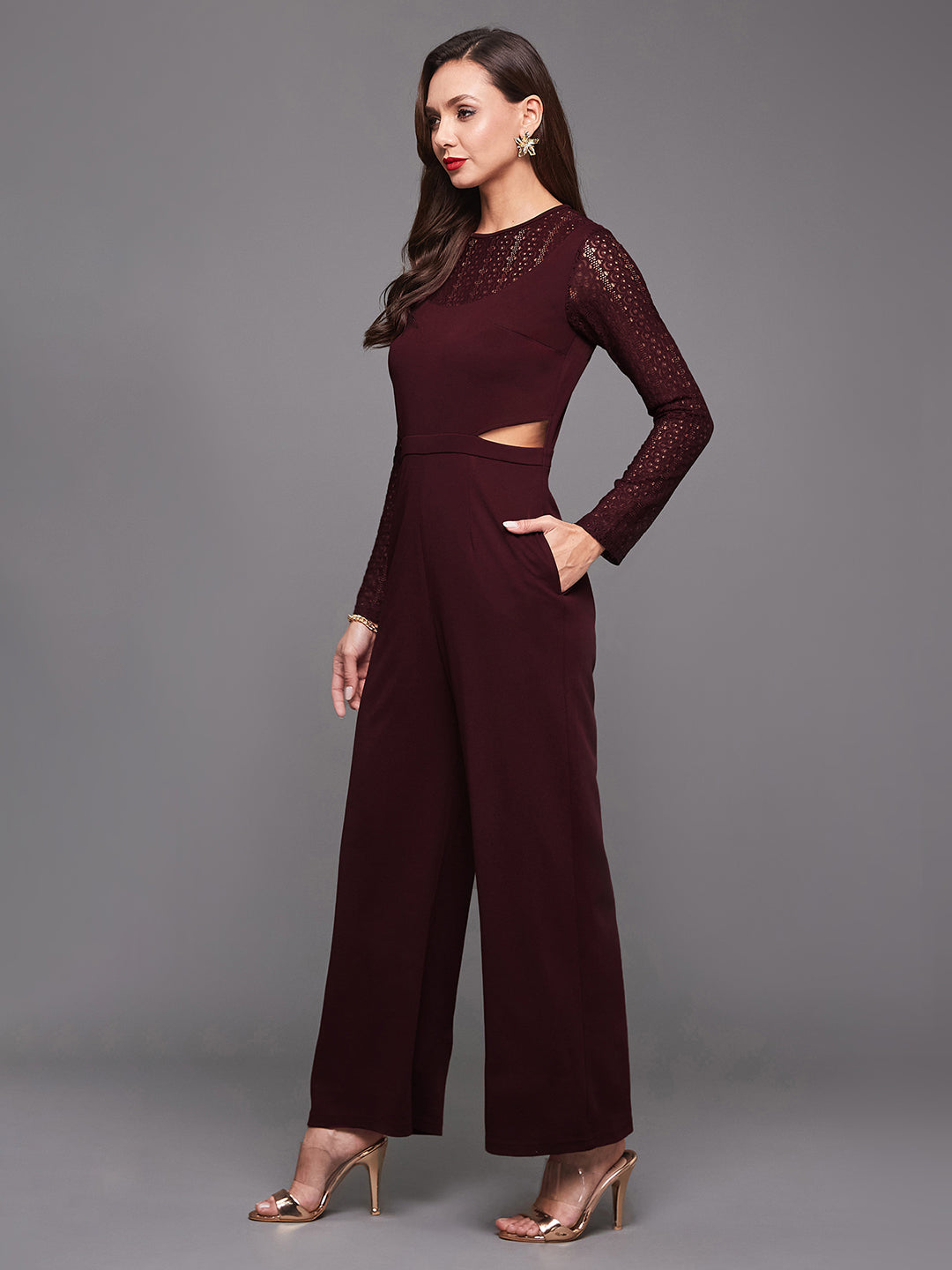 Women's Wine Round Neck Full Sleeve Self Design Cut-out Jumpsuit