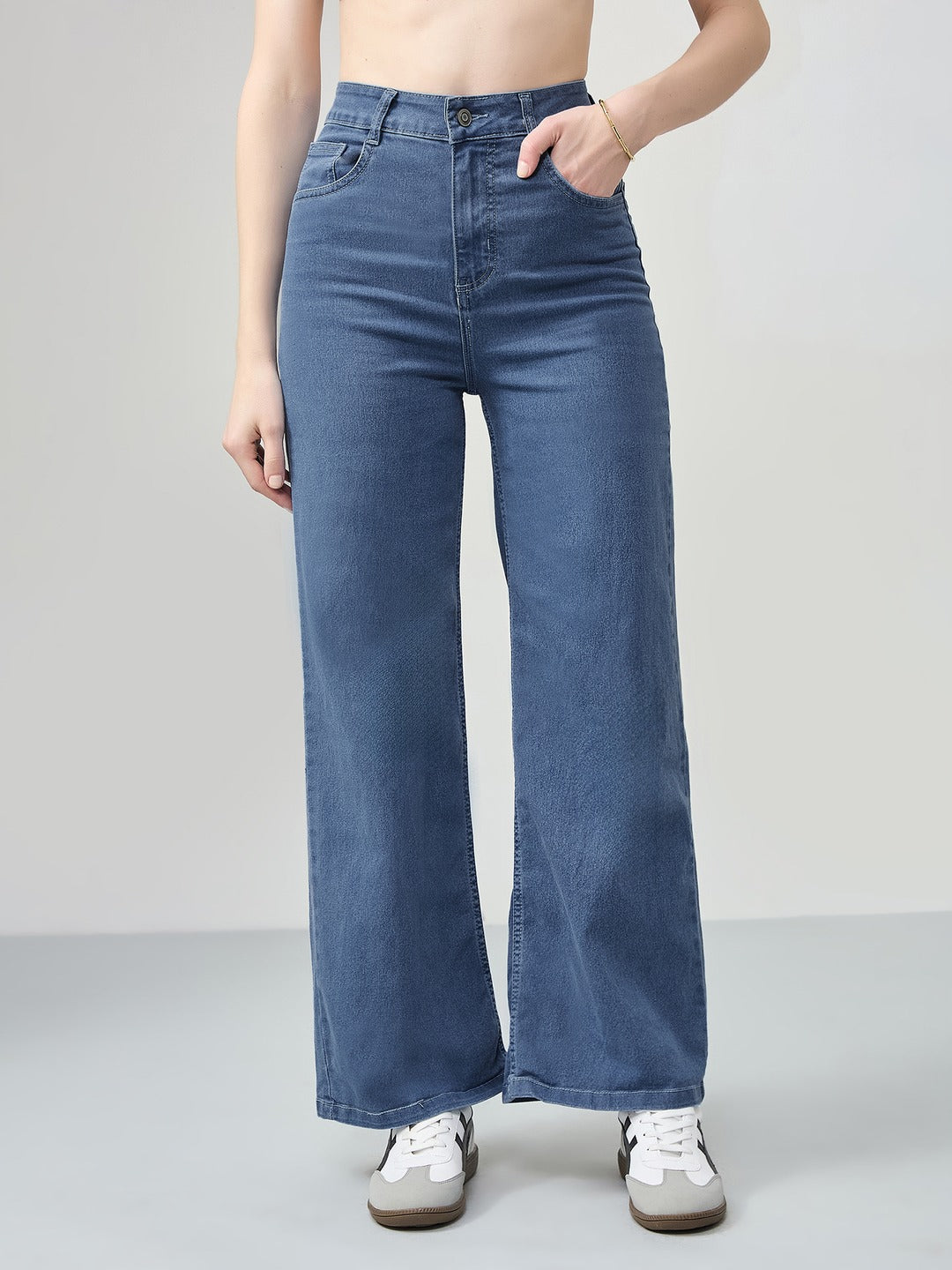 Blue Wide-Leg High-Rise Stretchable Denim Jeans for Women