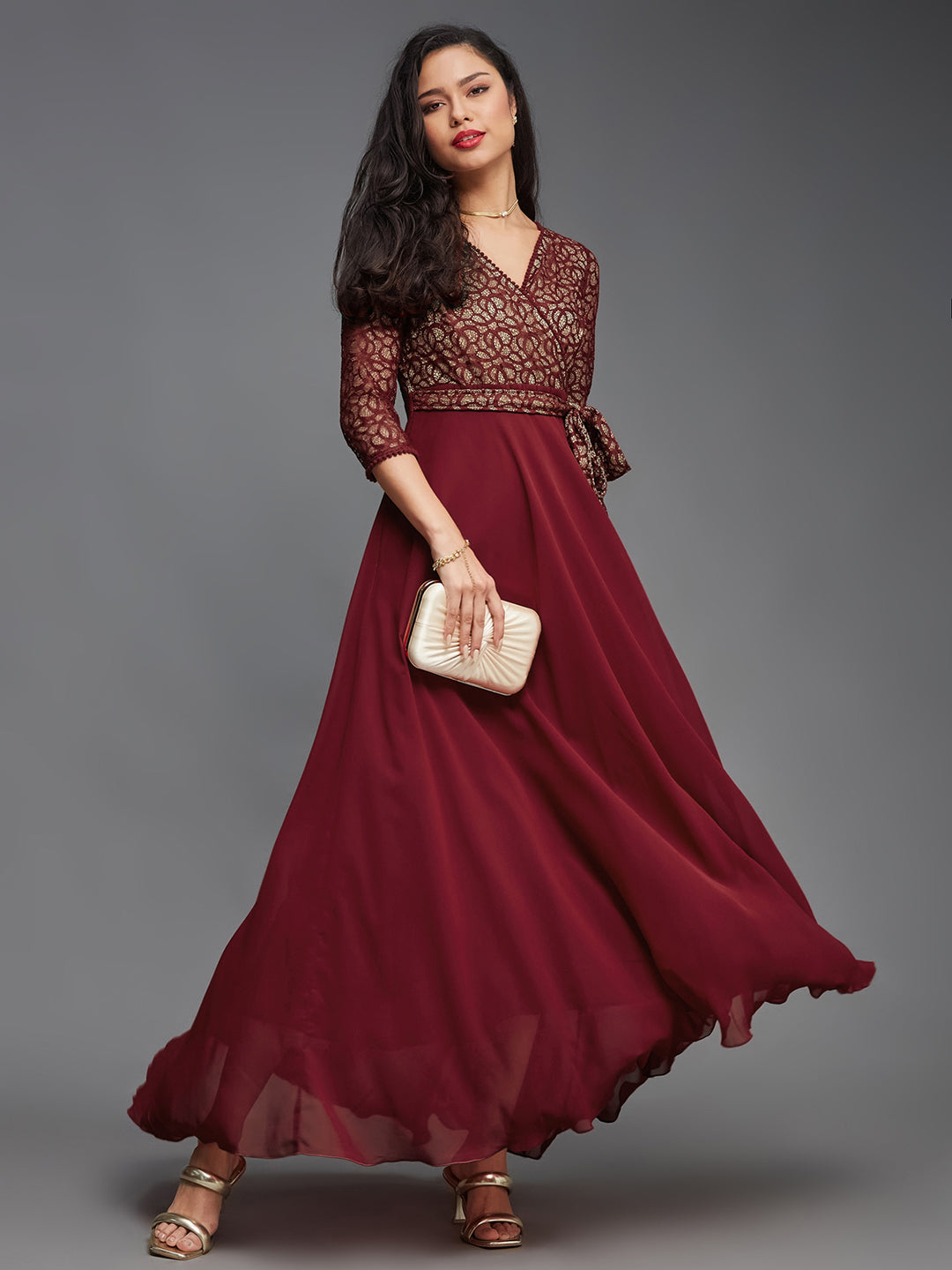 Women's Maroon Floral Print Relaxed Fit V-Neck 3/4th Sleeve Georgette Maxi Dress