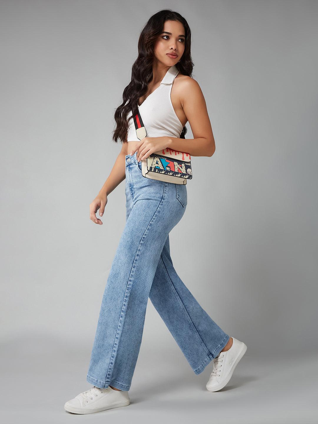 Women's Light Blue Wide-Leg High-Rise Clean-Look Regular Stretchable Denim Jeans
