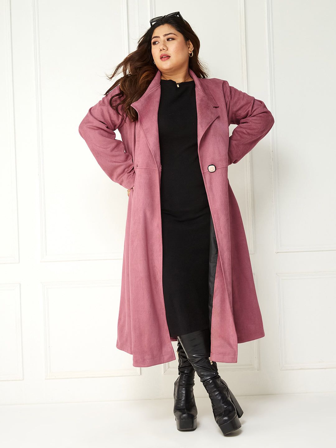 Body Bliss Mauve Solid Double Breasted Longline Jacket for Women