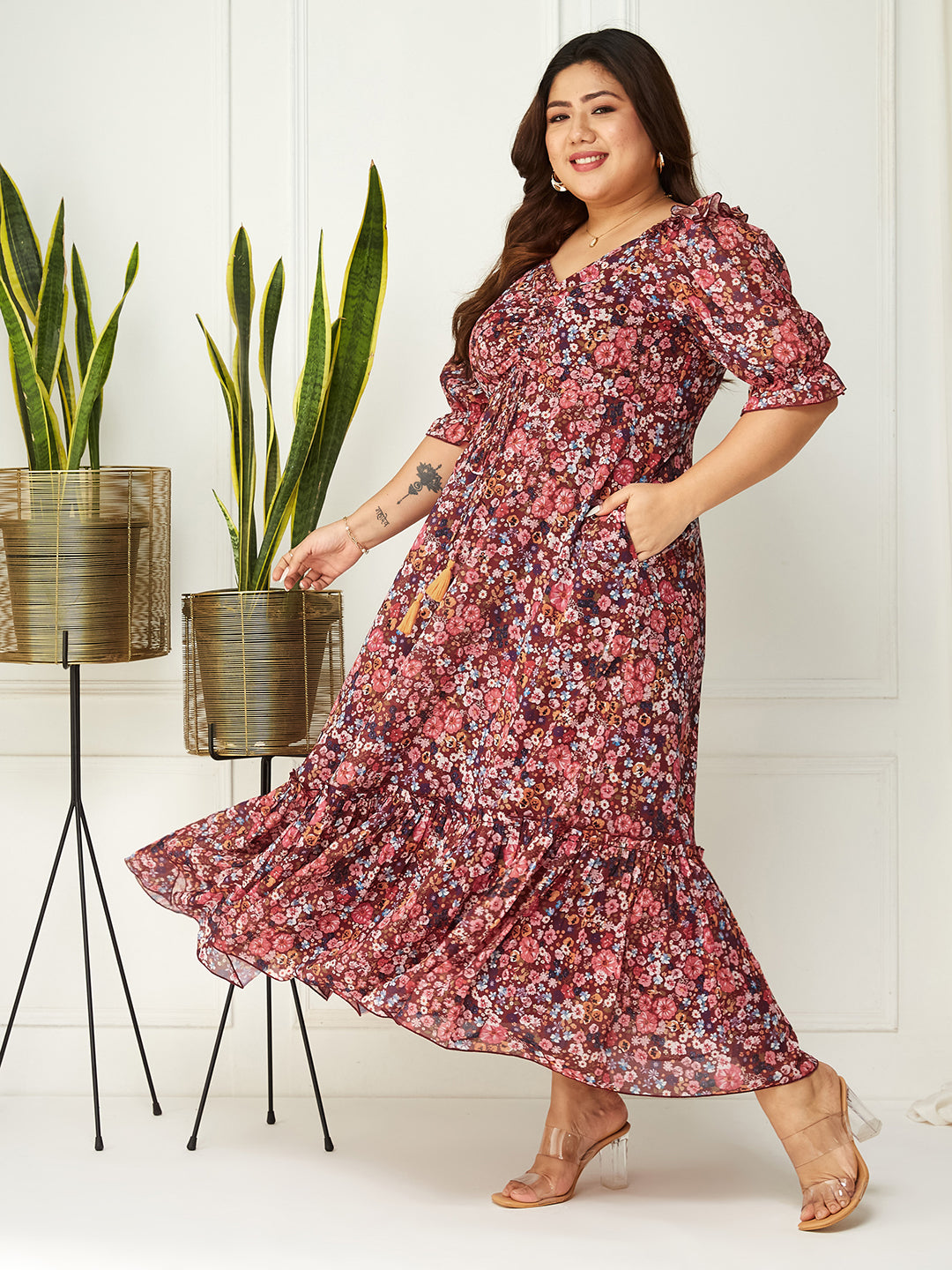 Body Bliss Multicolored-Base-WineFloral Ruching Ankle-Length Dress