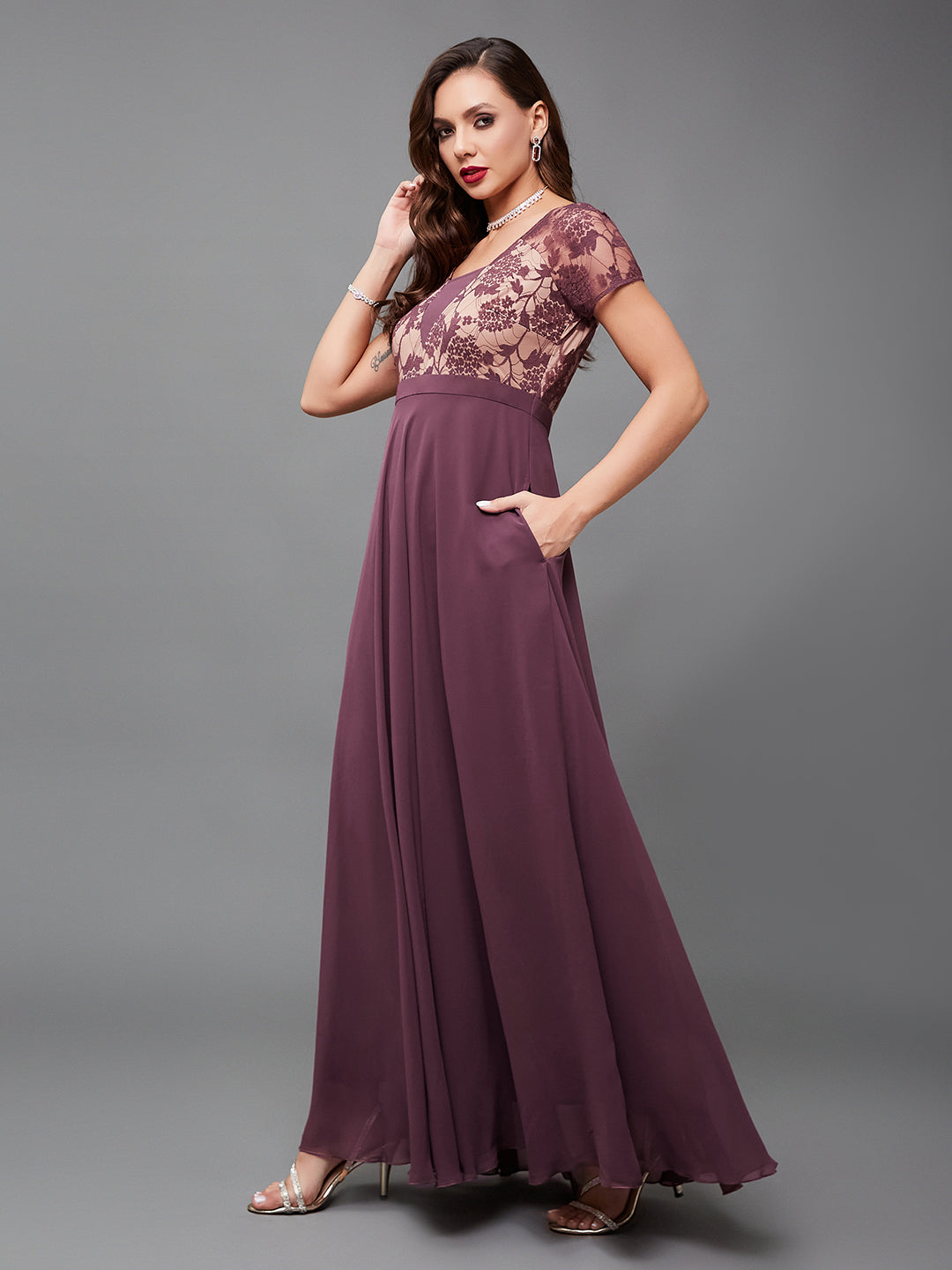 Women's Mauve Square-Neck Raglan-Sleeve Self-Designed Flared Georgette Maxi Dress