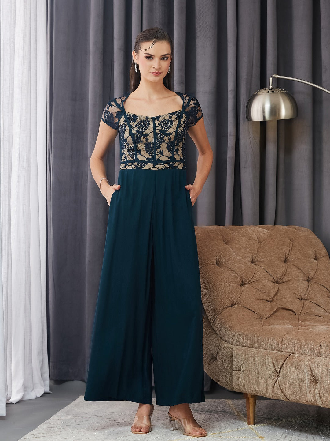 Teal and Beige Sweetheart Neck Raglan Sleeve Floral Lace Overlaid Jumpsuit for Women for Women