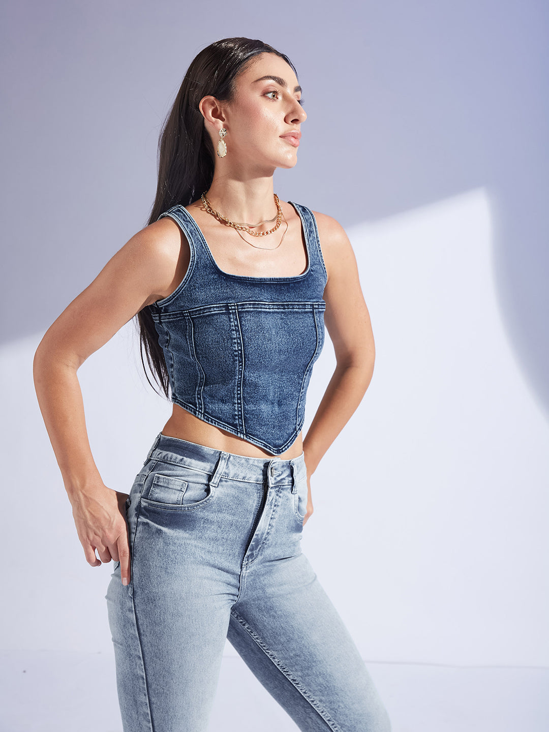 Navy Blue Square Neck Sleeveless Zipper Corset Denim Crop Top For Women