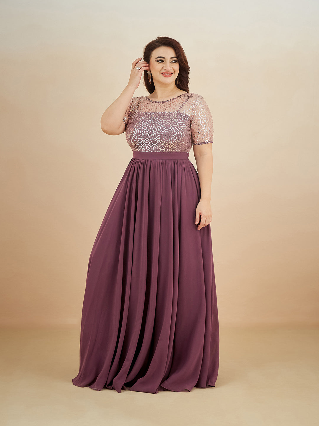 Mauve Relaxed Fit Maxi Georgette & Sequins Dress for Women