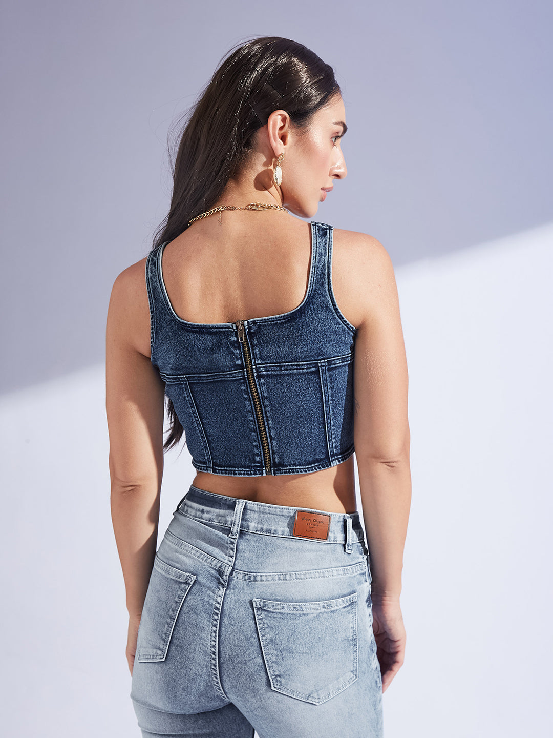 Women's Navy Blue Square Neck Sleeveless Zipper Corset Denim Crop Top