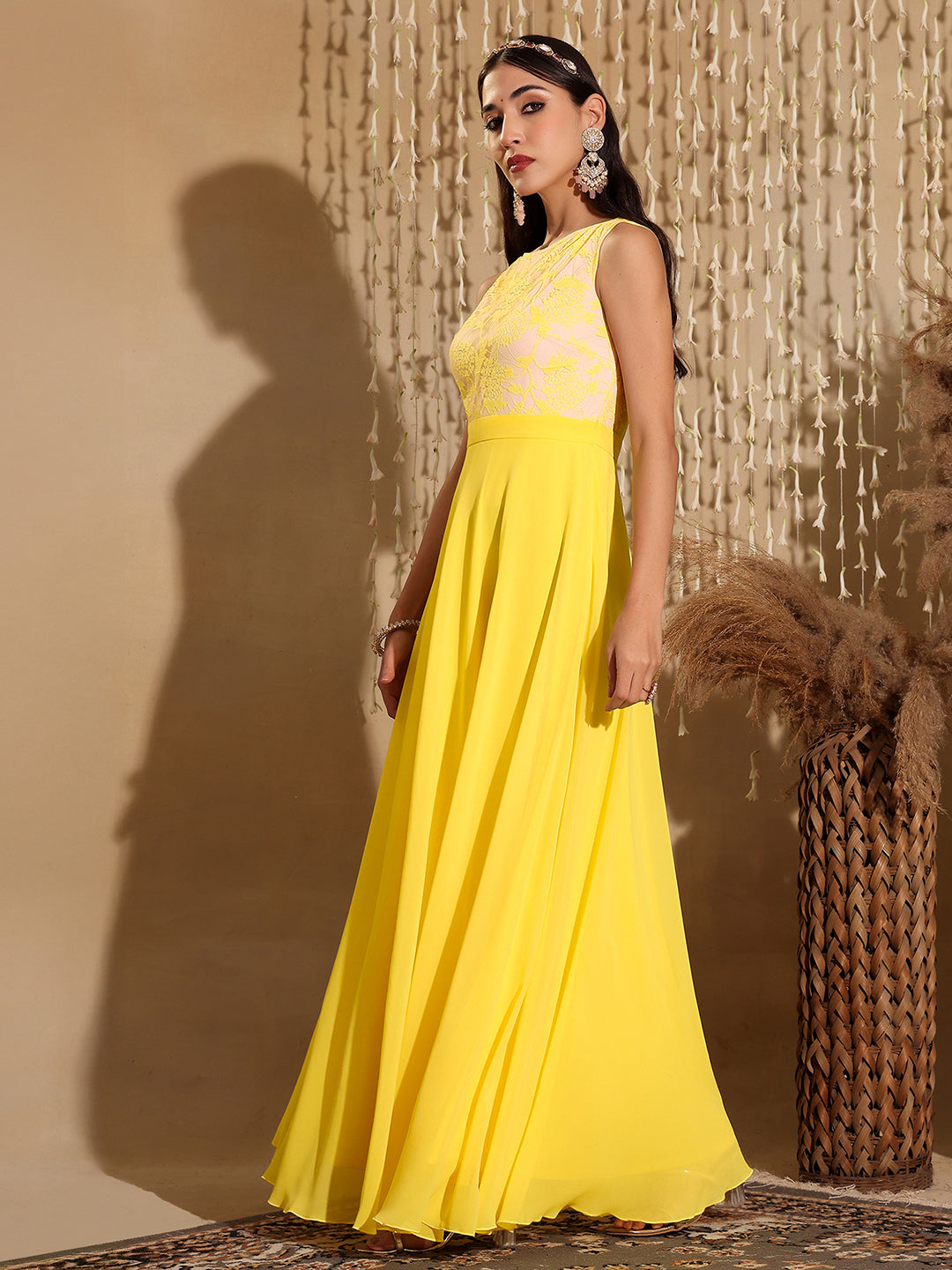 Women's Light Yellow Round Neck Sleeveless Georgette & Lace Floral Fit & Flare Maxi Dress