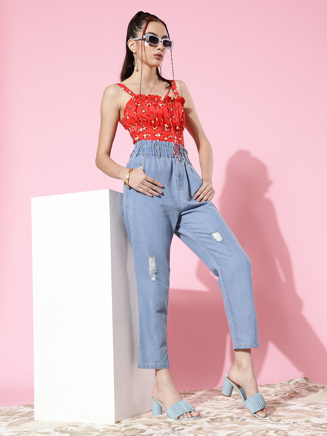 Women's Light Blue Mom's Jean High-Rise Mild Distress Stretchable Denim Jeans