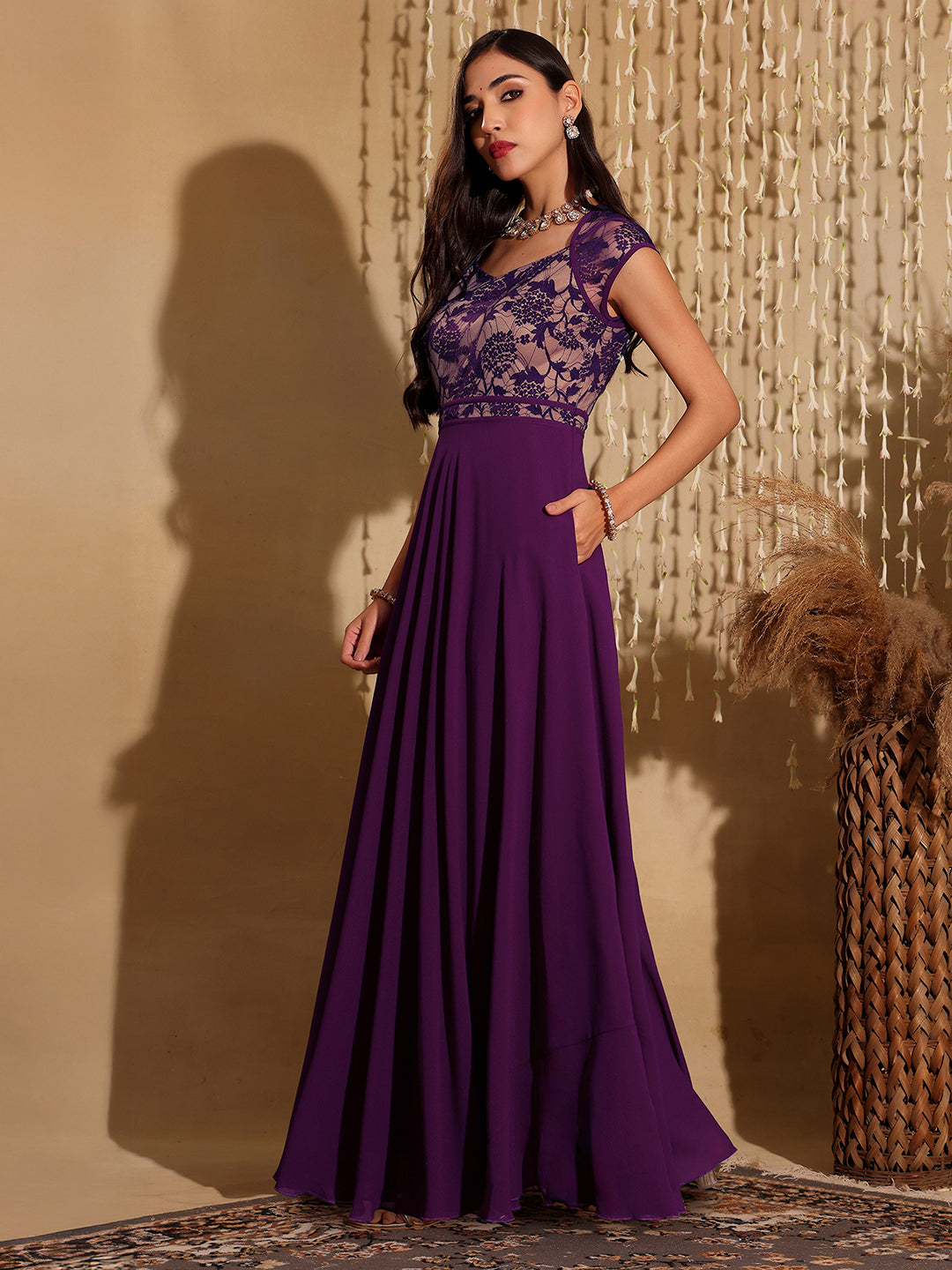 Women's Dark Purple Sweet-Heart Neck Cap-Sleeve Floral Fit & Flare Georgette Maxi Dress