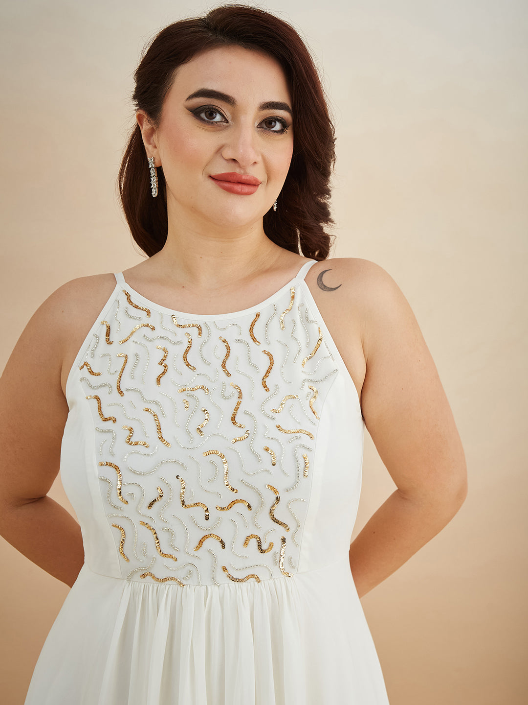 Off White Round Neck Sleeveless Solid Embellished Maxi Dress for Women