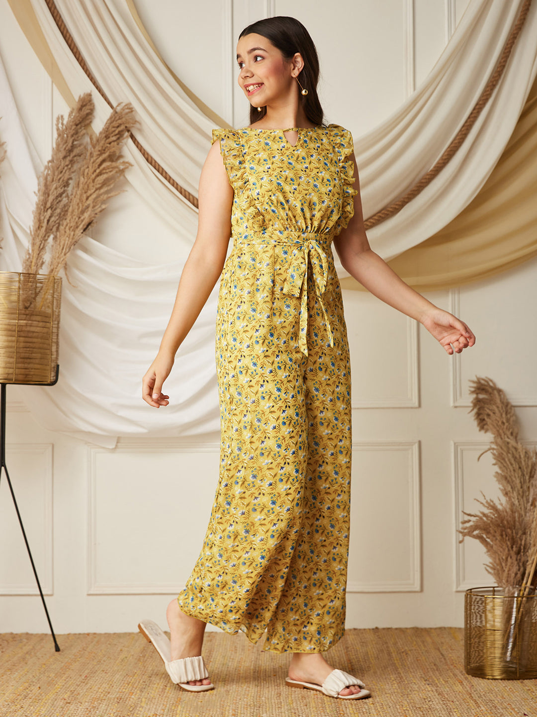 Multicolored-Base-Yellow Round neck Sleeveless Floral Wide Leg Regular Jumpsuit