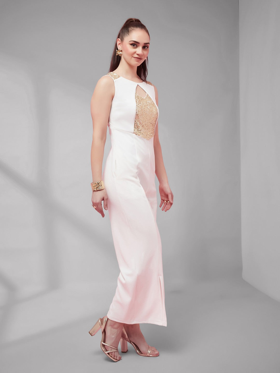 Off-White Solid Regular Length V - Neck Sleeveless Sequin Panel Wide Leg Embellished Jumpsuit for Women