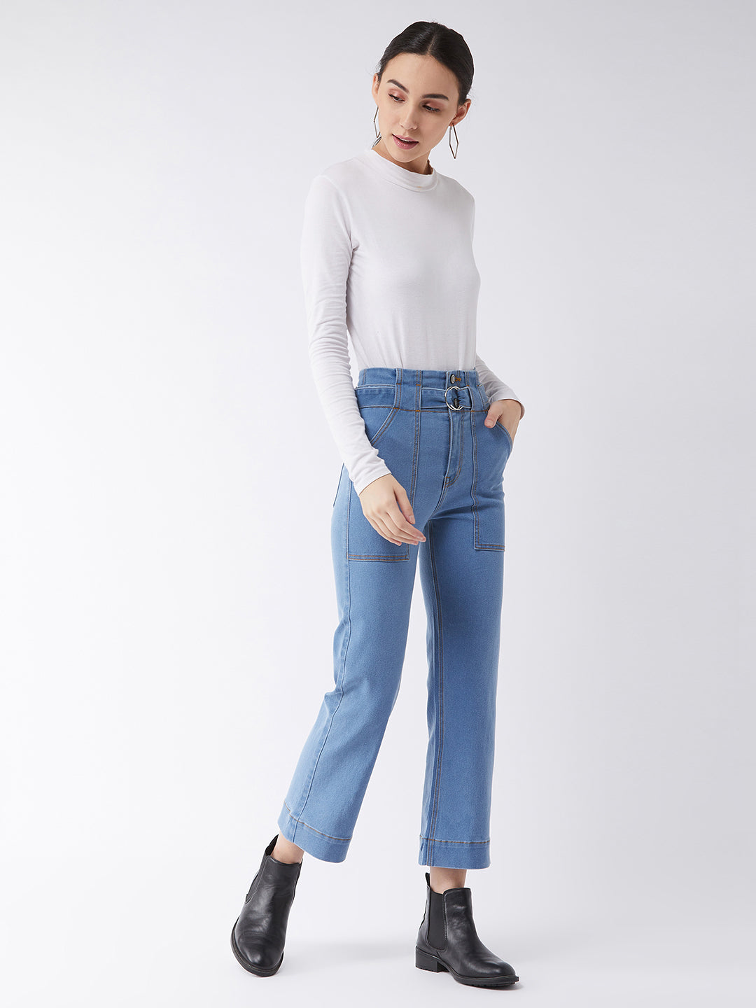 Women's Light Blue flared High-Rise Clean-Look Cropped Stretchable Denim Jeans