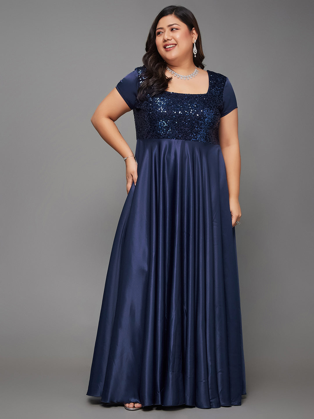Navy Blue Short Sleeves Sequinned Fit and Flare Maxi Dress for Women | Life of the Party Collection
