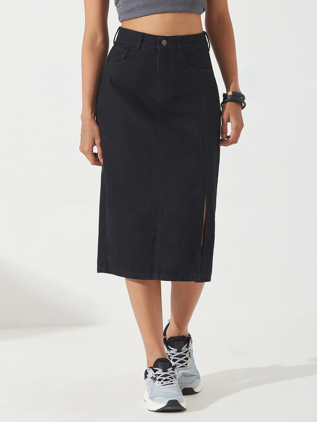 Black Straight-Fit High-Rise Stretchable Denim Midi Skirt for Women