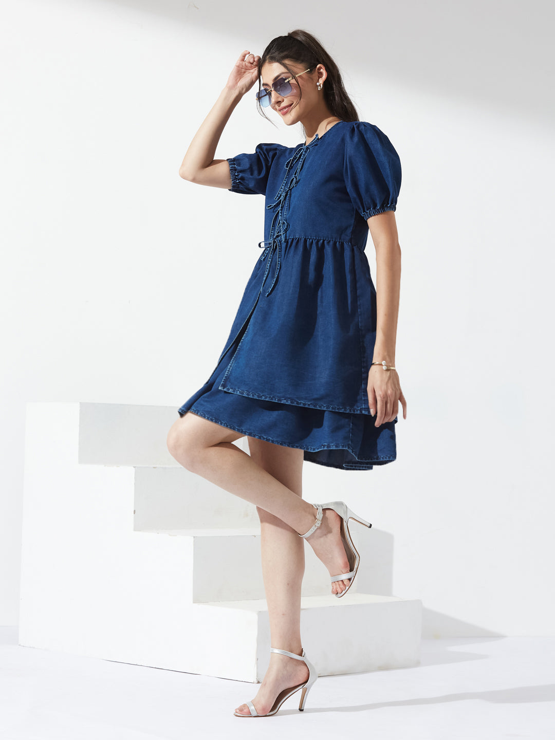 Navy Blue Round Neck Puff Sleeve Tie-Up Knee-Length Denim Dress For Women