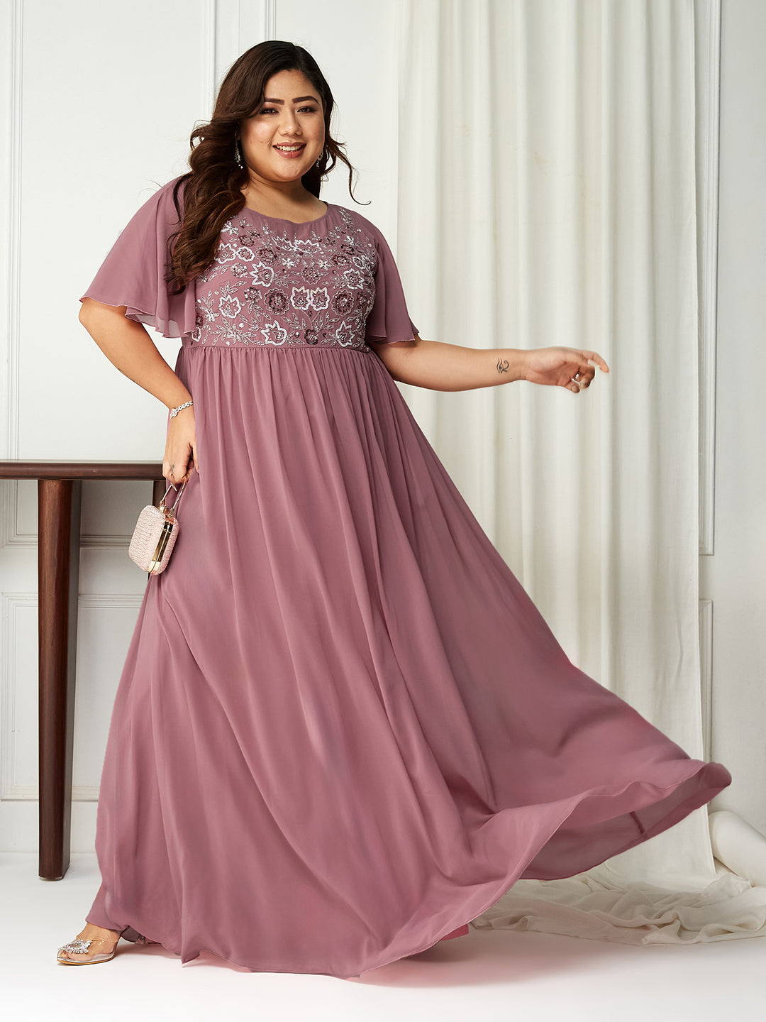 Body Bliss Lavender Sequin Embroidery Georgette Maxi Dress