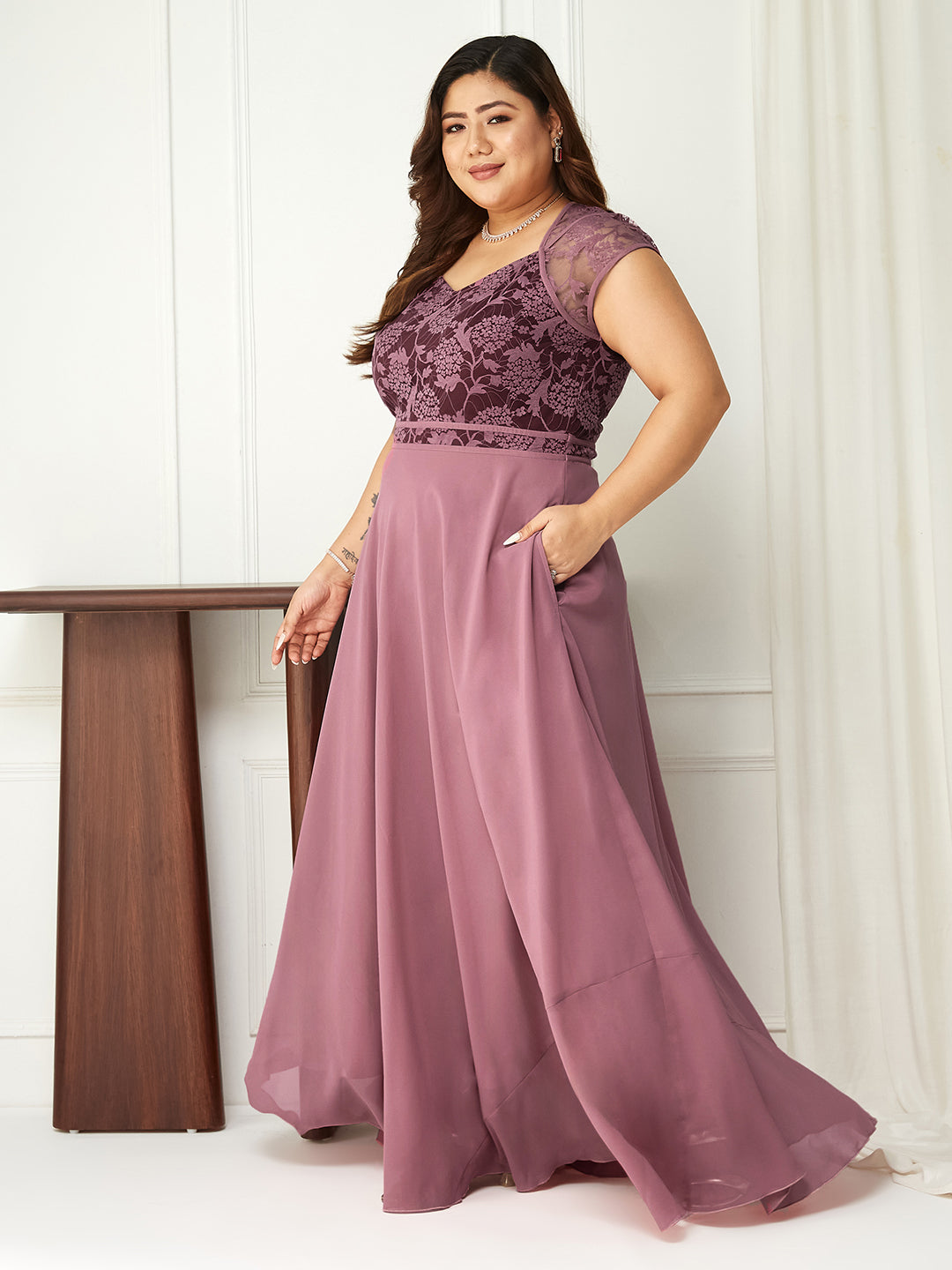 Body Bliss Lavender & Wine Floral Lace Fit & Flare Maxi Dress
