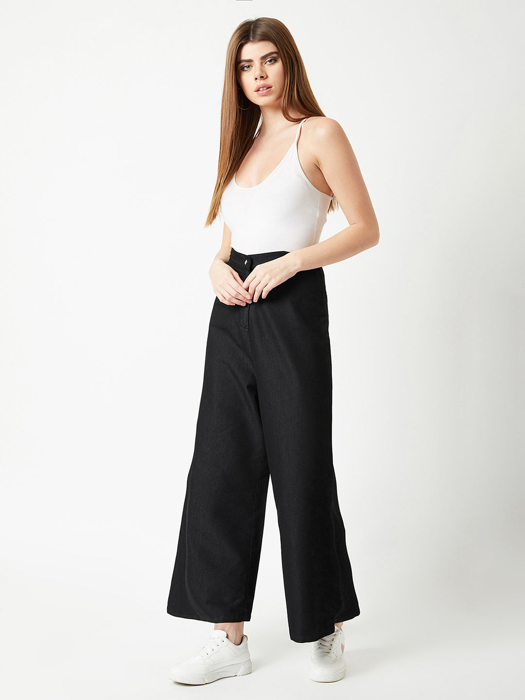 Women's Black Wide-Leg High-Rise Light Weight Clean-Look Regular Length Denim Pants