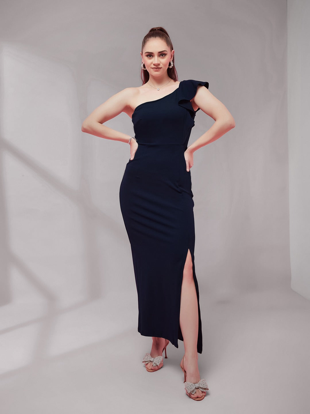 Navy Blue Solid One Shoulder Sleeveless Ruffled Maxi Dress for Women