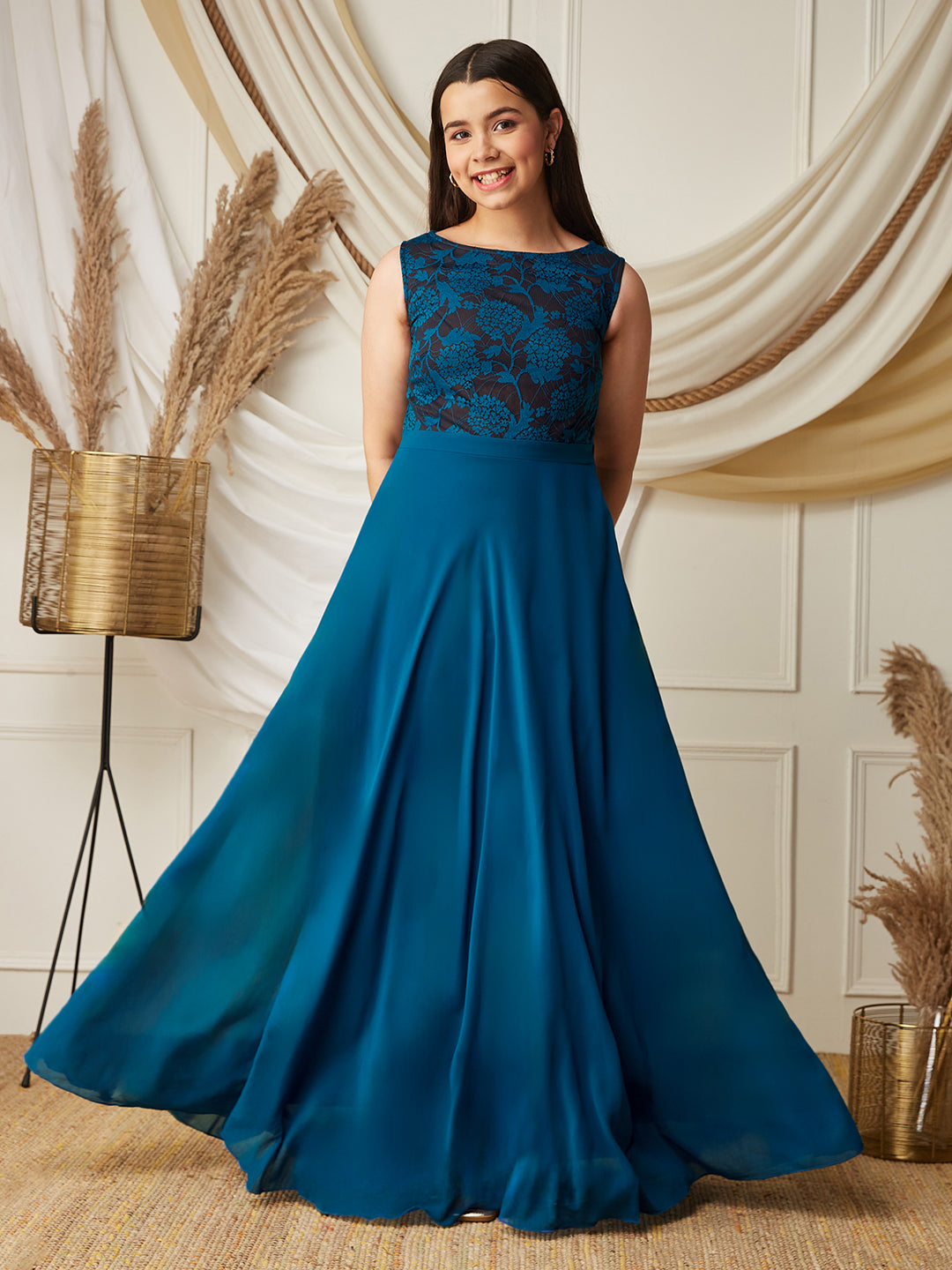 Royal Blue Round-Neck Sleeveless Floral Lace-Overlaid Fit & Flare Georgette Maxi Dress