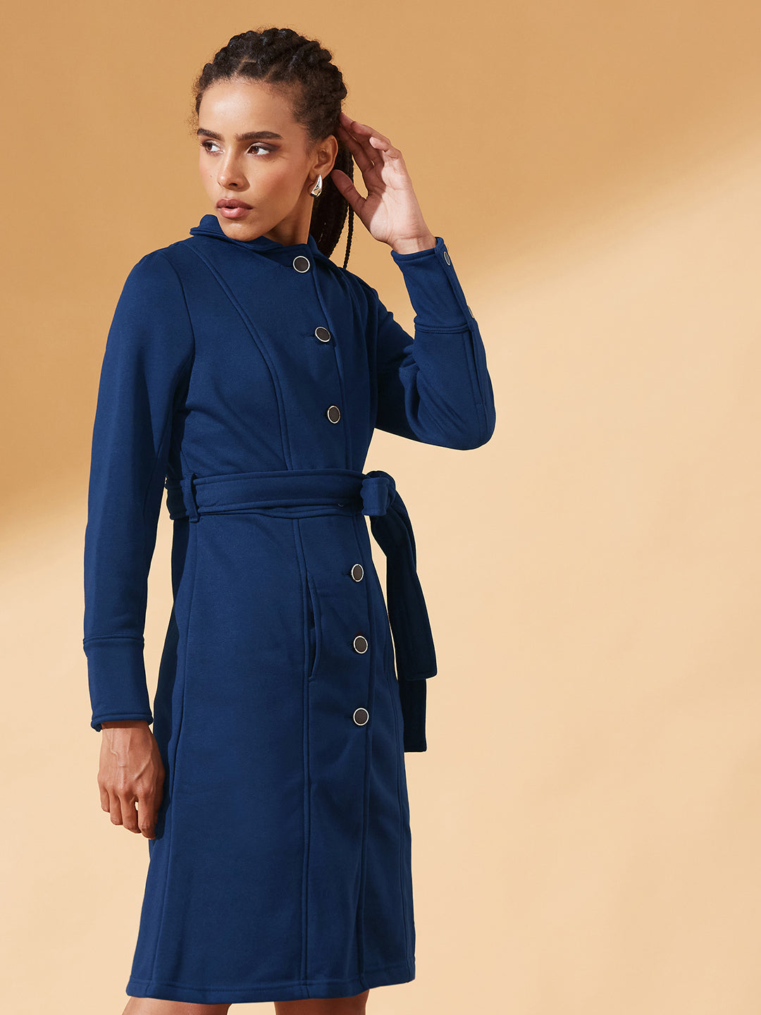 Navy-Blue Collared Full Sleeve Solid Tie-up Longline Jacket for Women