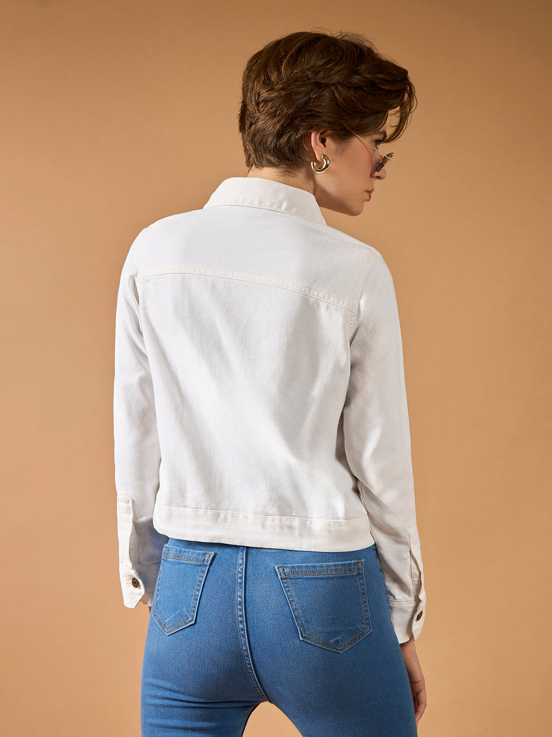 Women's White Polo Neck Full Sleeves Denim Solid Cropped Jacket