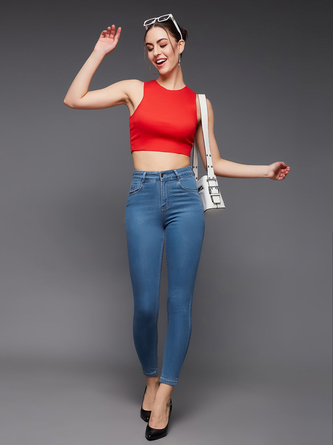Women's Blue Solid Skinny High-Rise Cropped Solid Stretchable Denim Jeans
