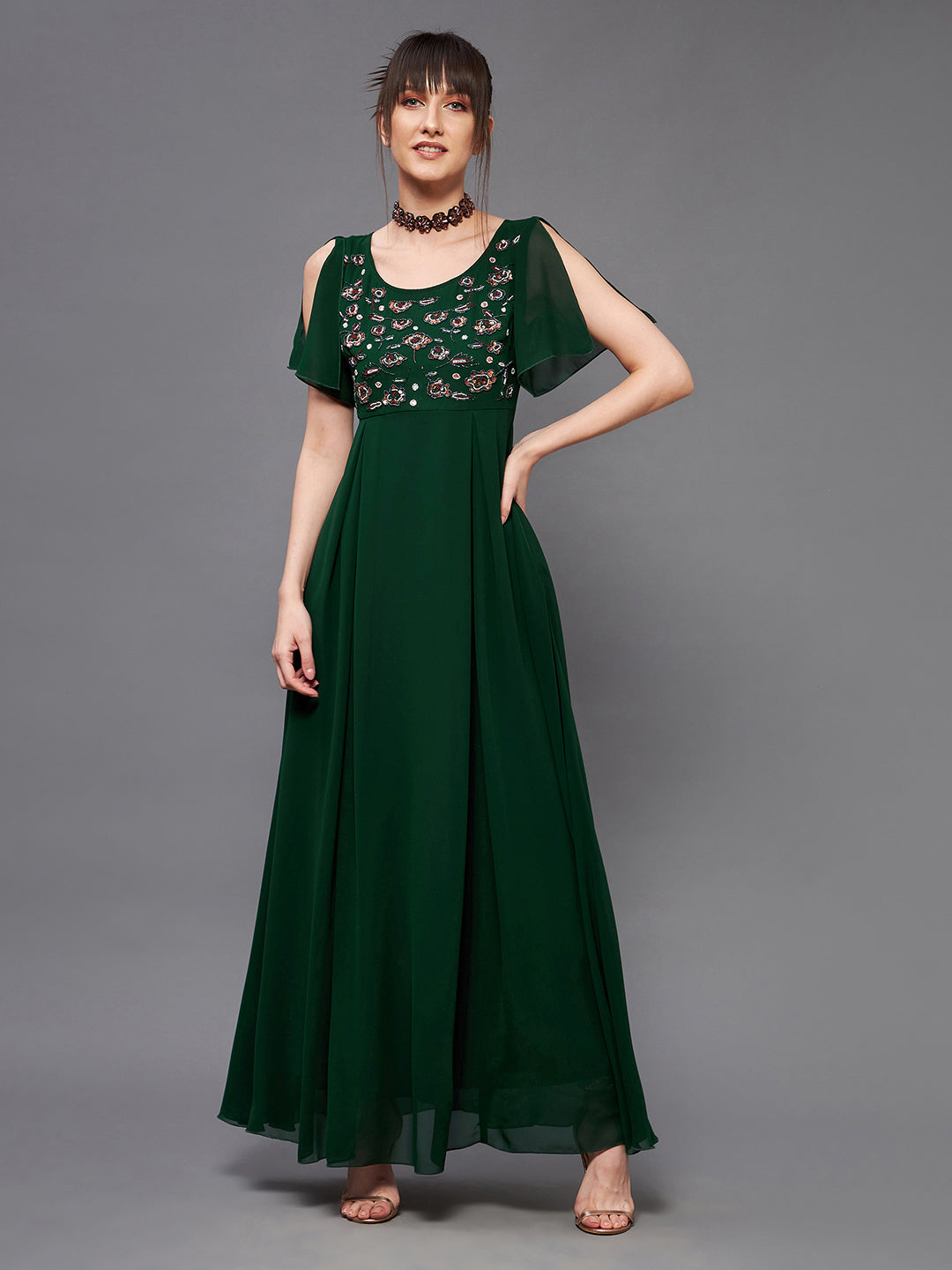 Women's Dark Green Round Short Slit Sleeve Solid Embellished Georgette Maxi Dress