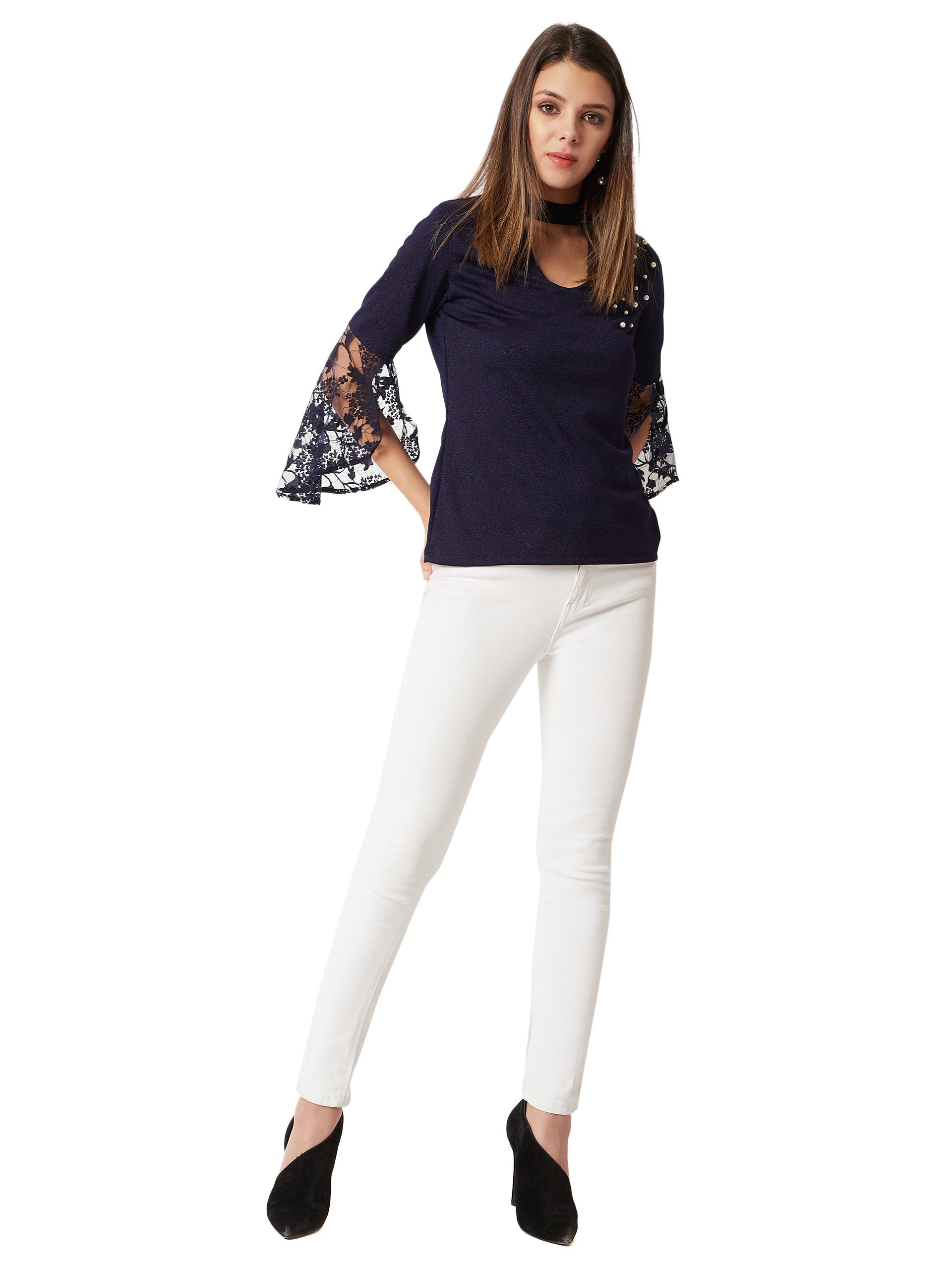 Women's Navy Blue Round Neck Split 3/4 Sleeves Solid Lace Semi Sheer Choker Style Cut-Out Pearl Detailing Top