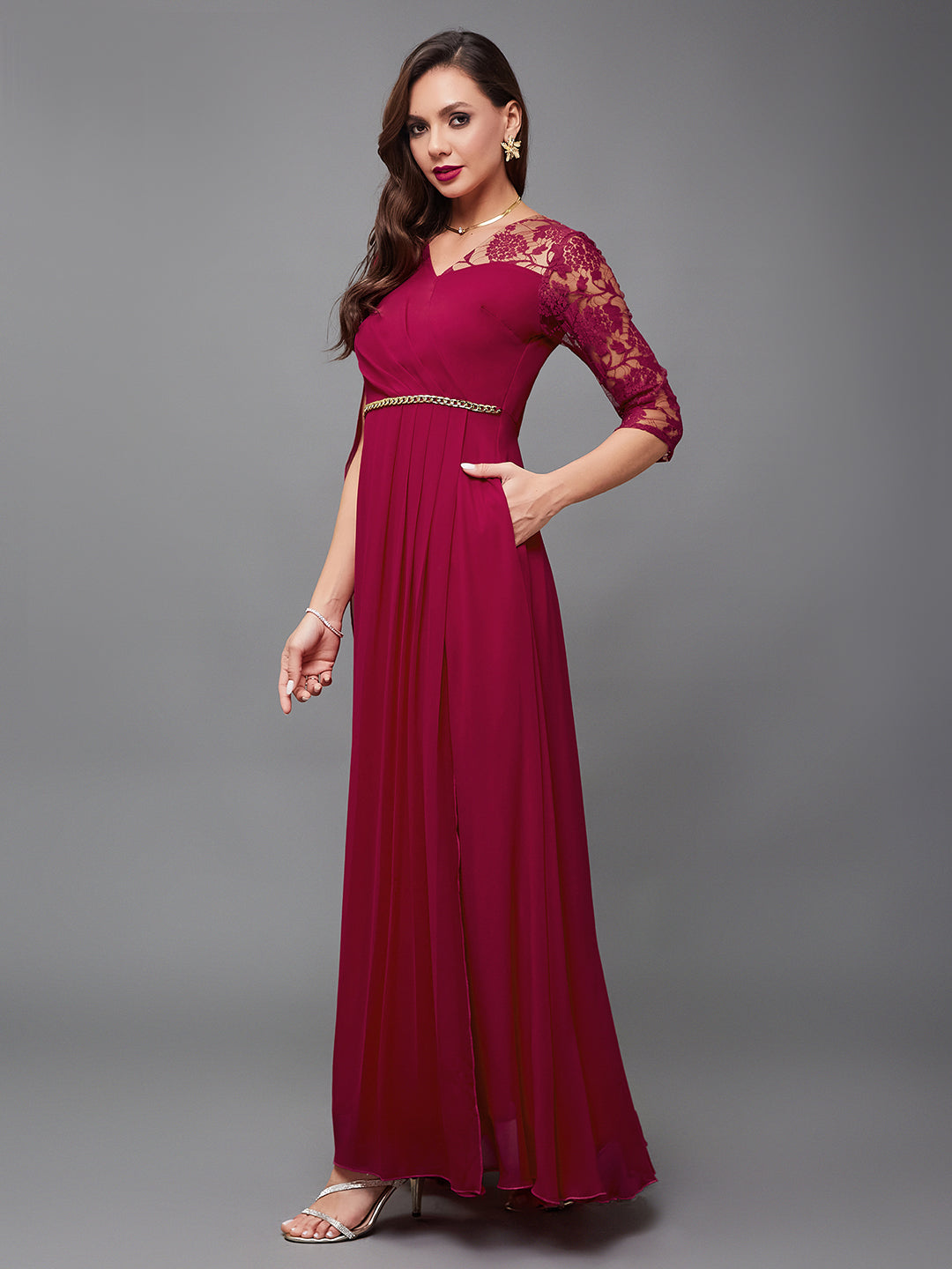 Dark Pink Assymetric Long Sleeves Lace Maxi Dress Long Dress Frock for Women
