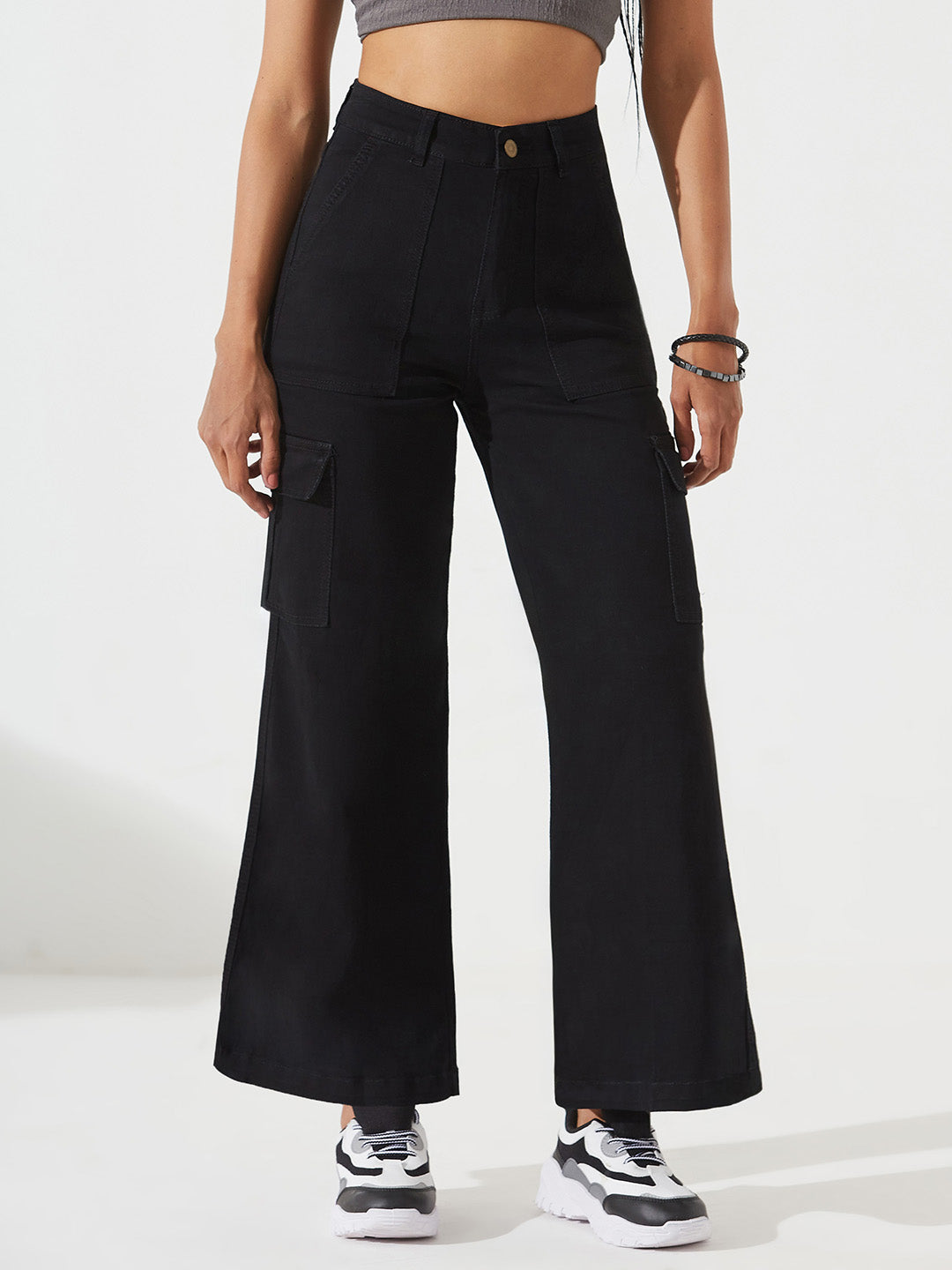 Black Wide-Leg High-Rise Clean-Look Stretchable Denim Cargo Jeans for Women