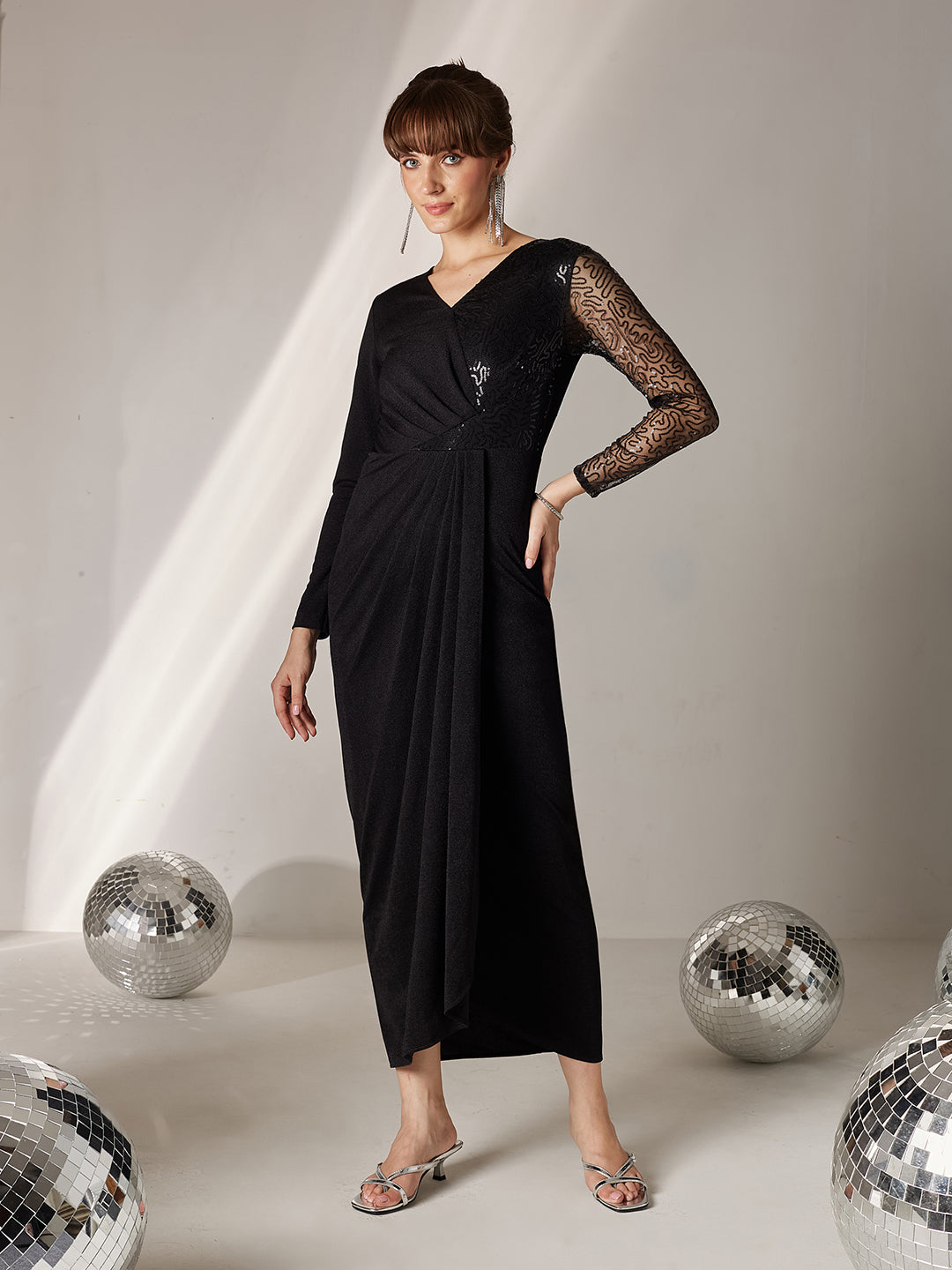 Women's Black V-Neck Full Sleeve Embellished Pleated Longline Dress