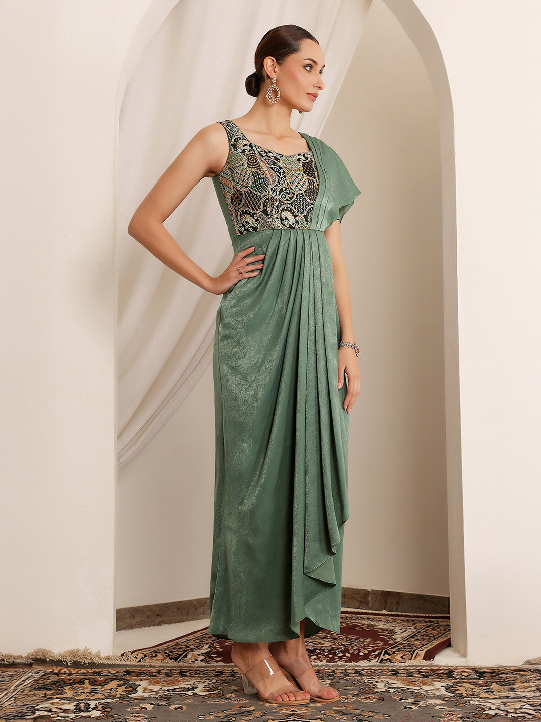 Tota Mirage Sage Green Embroidered Satin Maxi Dress