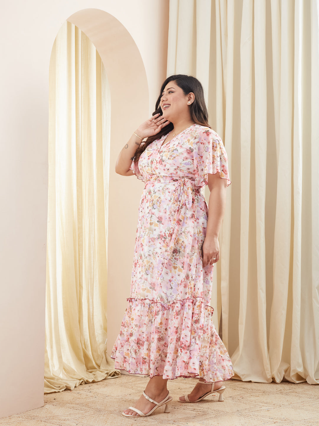Multicolored Base Pink V-Neck Flared Sleeve Floral Wrap Chiffon Maxi Dress for Women