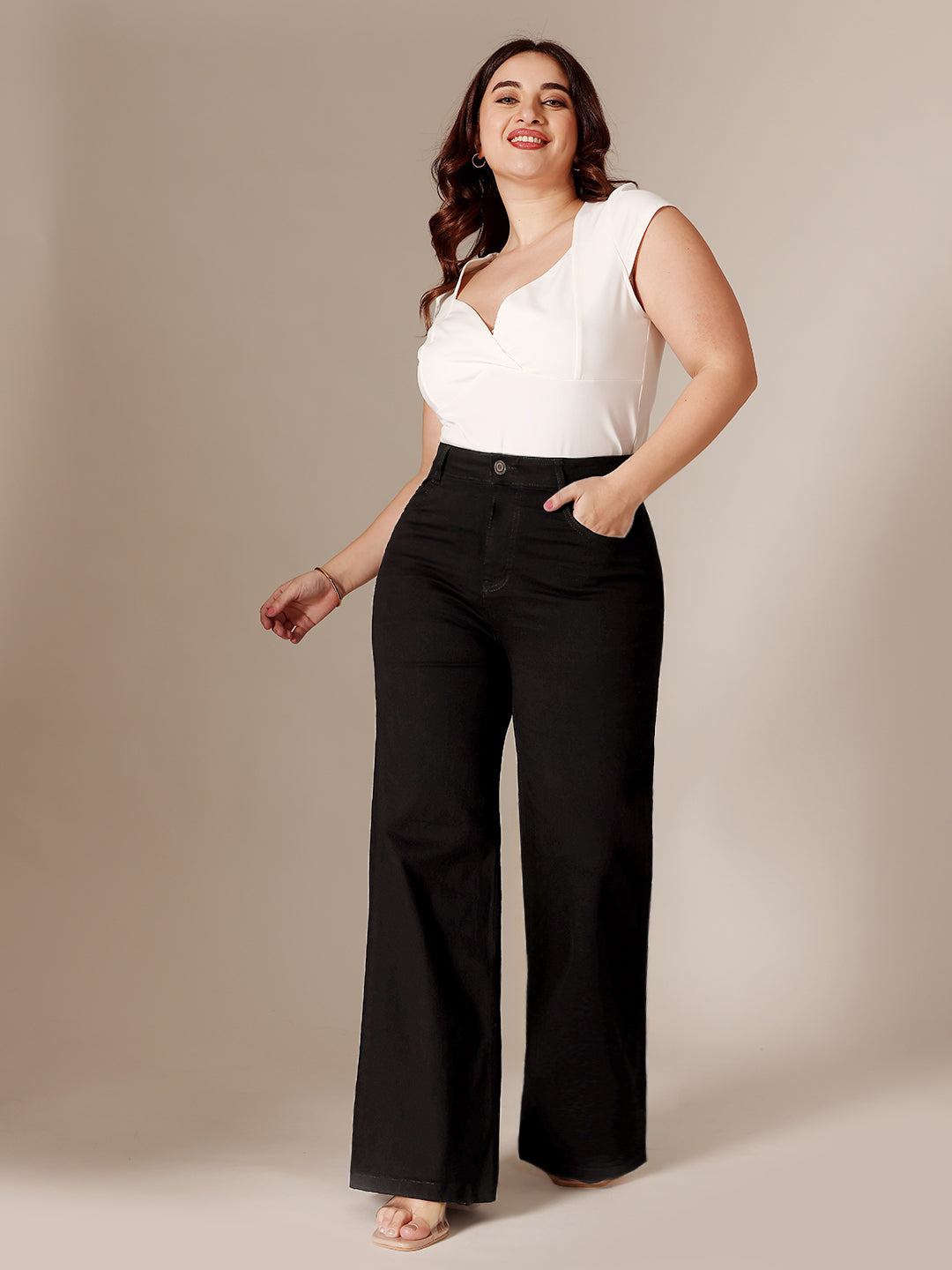 Black Wide Leg High Rise Clean Look Regular-Length Stretchable Denim Jeans for Women