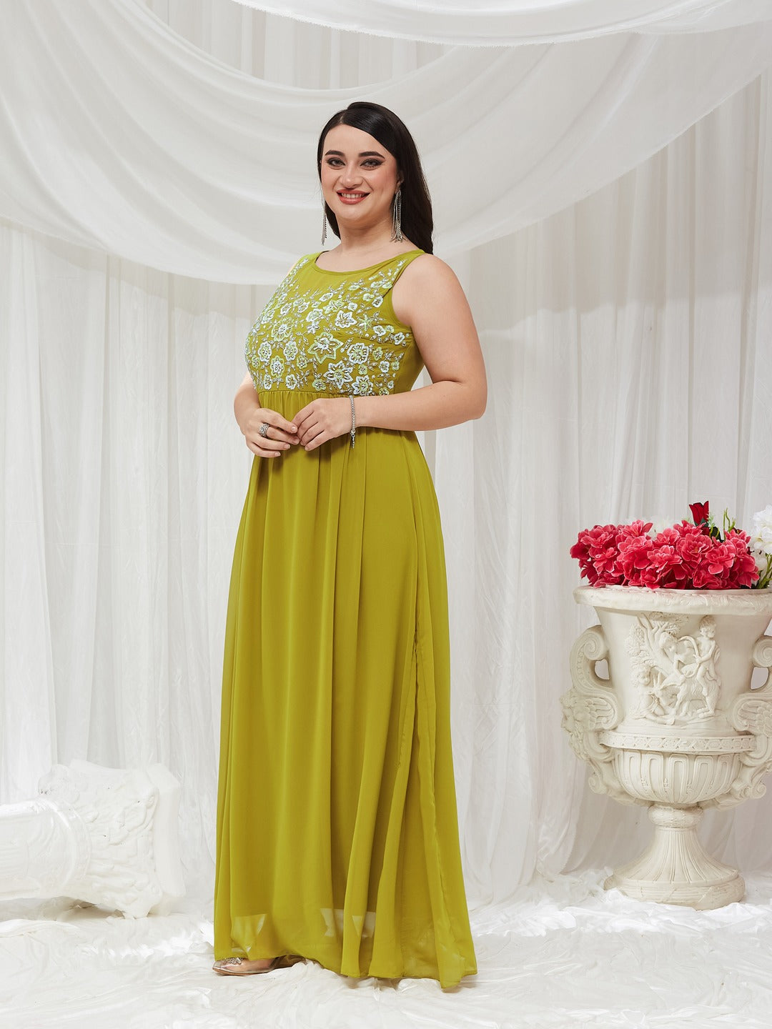 Lemon Green Boat Neck Sleeveless Embroidered Georgette Gathered Maxi Dress for Women