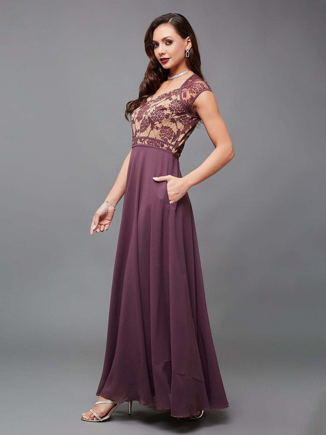 Women's Mauve Sweetheart-Neck Raglan-Sleeve Self-Designed Fit & Flare Georgette Maxi Dress